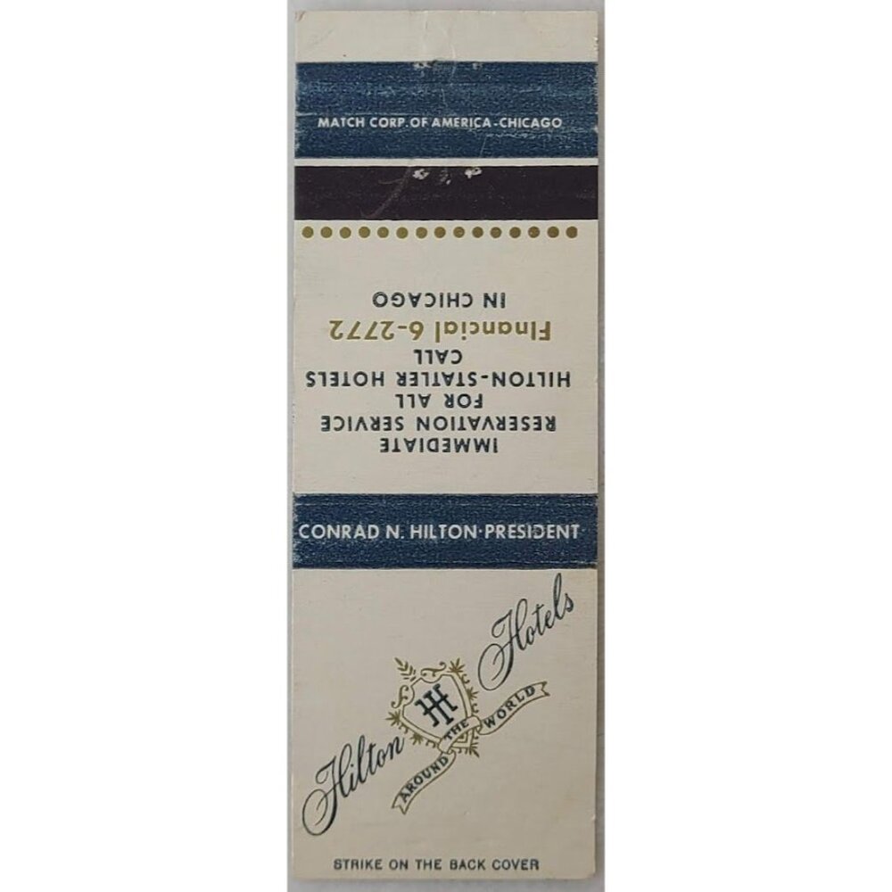 Vintage Matchbook Cover Hilton Hotels Reservation Line Chicago IL Illinois